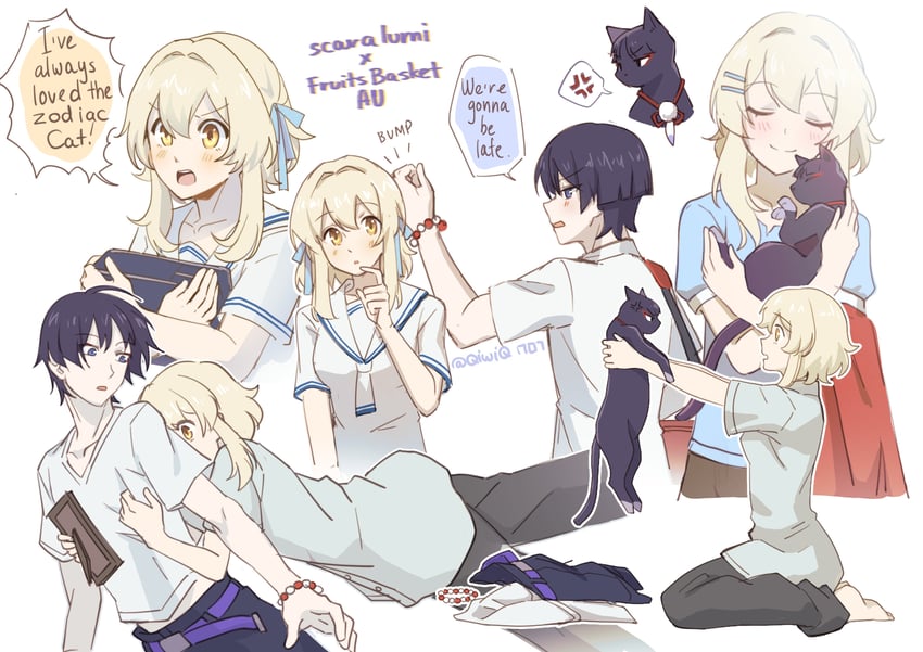 lumine, scaramouche, honda tohru, and sohma kyou (genshin impact and 1 more) drawn by qiwiq