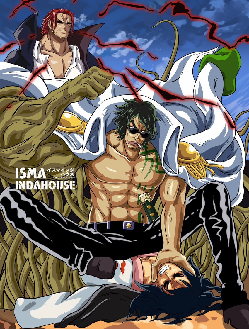 shanks, kouzuki momonosuke, and ryokugyu (one piece) drawn by ismaindahouse
