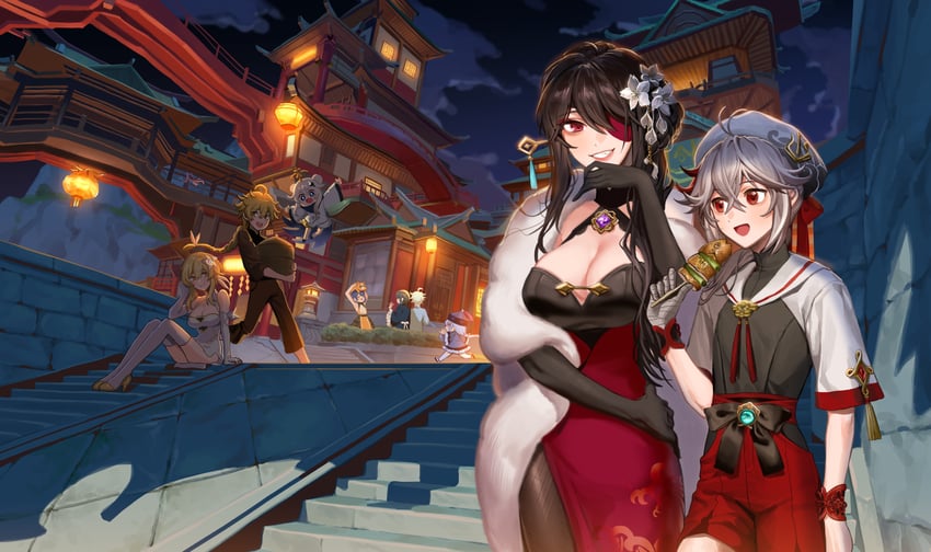 lumine, aether, paimon, kaedehara kazuha, qiqi, and 5 more (genshin impact) drawn by badamon