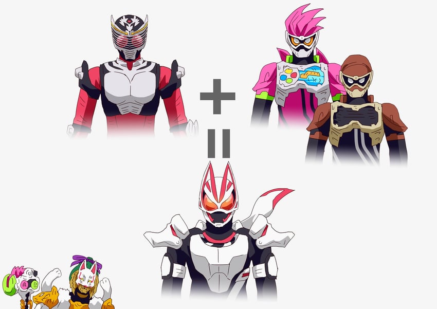kamen rider ryuki, kamen rider geats, kamen rider ex-aid, mighty action x level 2, kyuemon izayoi, and 1 more (kamen rider and 5 more) drawn by otokamu
