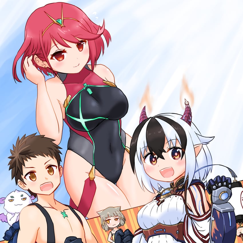 rex, pyra, nia, azurda, and crossette (xenoblade chronicles and 1 more) drawn by paskmel