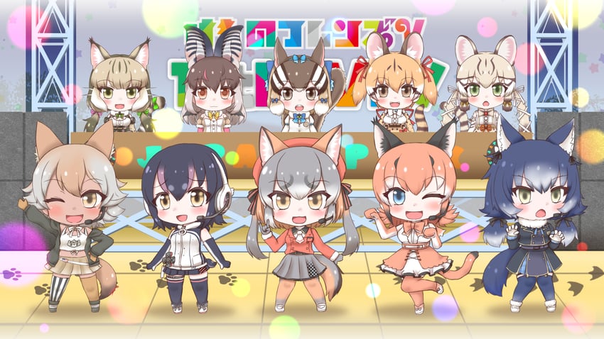 island fox, humboldt penguin, caracal, brown long-eared bat, coyote, and 5 more (kemono friends and 1 more) drawn by mabuta_(mbt)