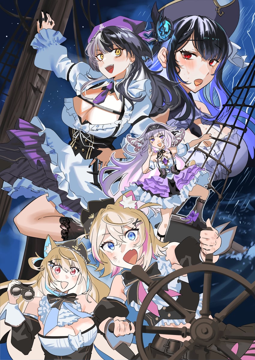 shiori novella, nerissa ravencroft, fuwawa abyssgard, mococo abyssgard, and koseki bijou (hololive and 1 more) drawn by set7