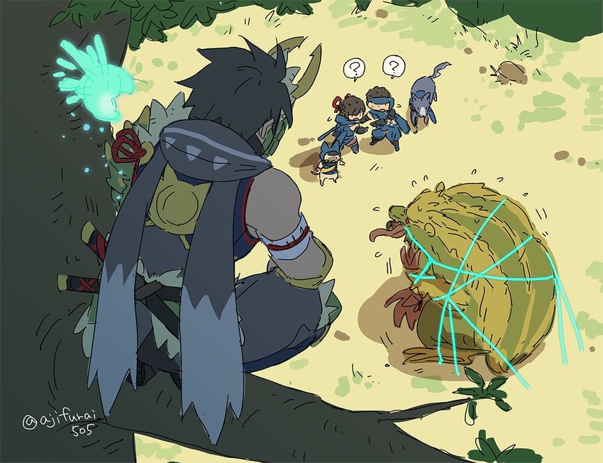 felyne, canyne, master utsushi, and arzuros (monster hunter and 1 more) drawn by asaya_minoru