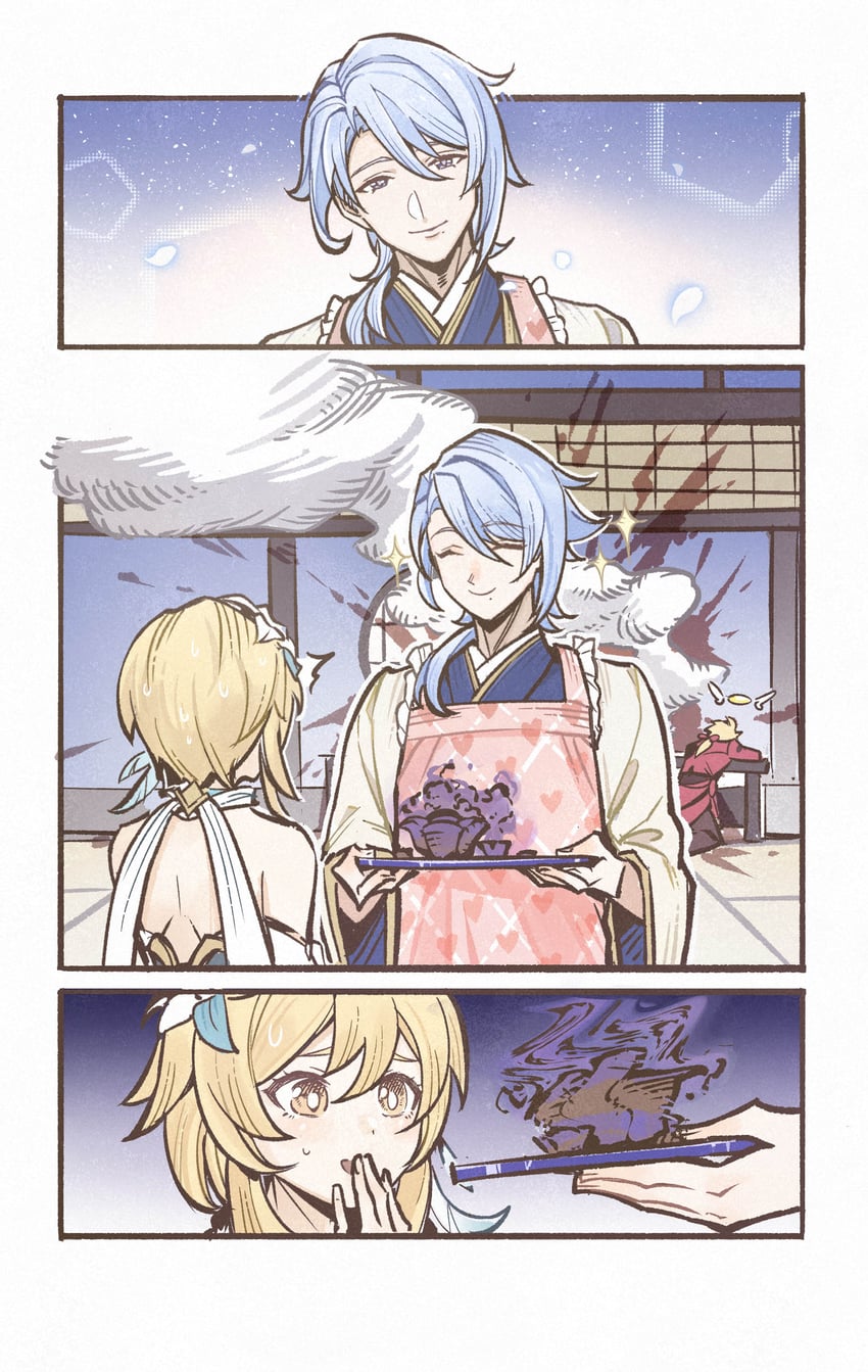 lumine, kamisato ayato, and thoma (genshin impact) drawn by sumirou-kun