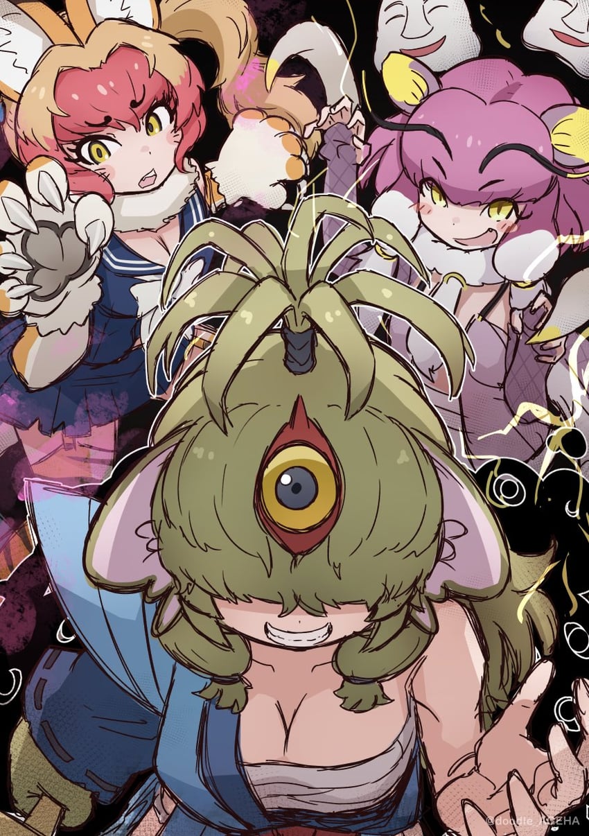 nue, sanmoto gorozaemon, and rairyu (kemono friends and 1 more) drawn by da_(bobafett)