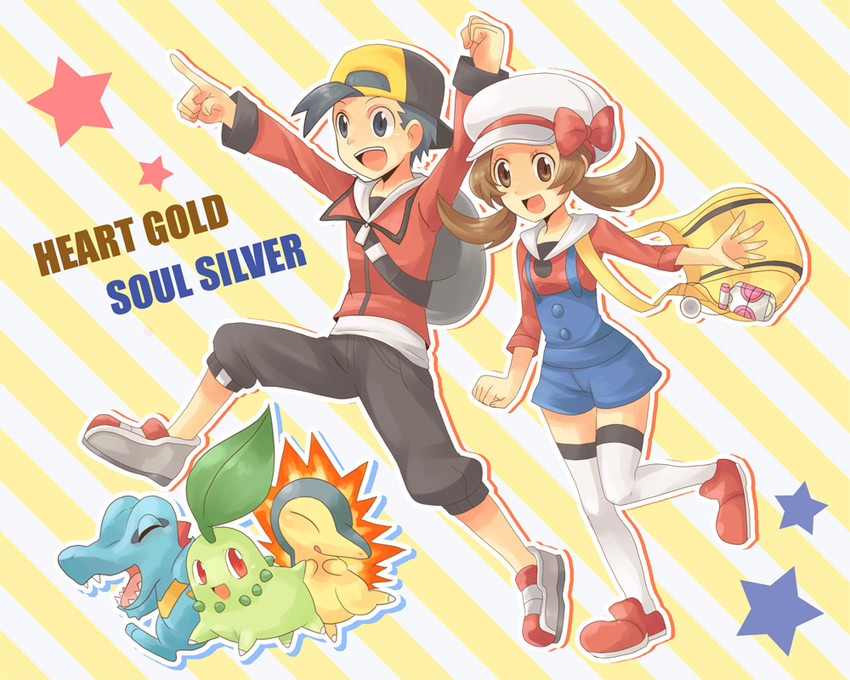ethan, lyra, cyndaquil, chikorita, and totodile (pokemon and 1 more) drawn by cubexcube
