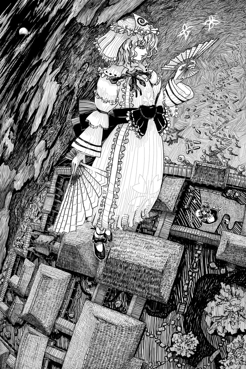hakurei reimu and saigyouji yuyuko (touhou) drawn by super-flat-world