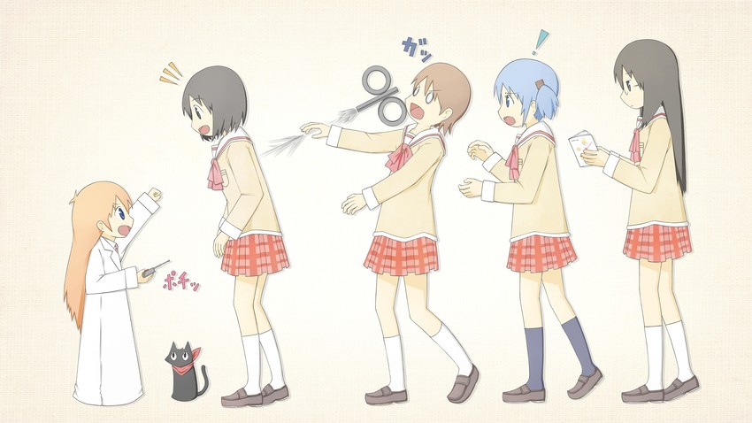 shinonome nano, naganohara mio, aioi yuuko, minakami mai, professor shinonome, and 1 more (nichijou) drawn by kumomiya