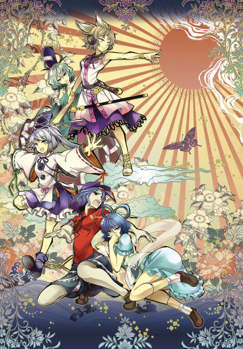 toyosatomimi no miko, mononobe no futo, kaku seiga, miyako yoshika, and soga no tojiko (touhou and 1 more) drawn by takitarou