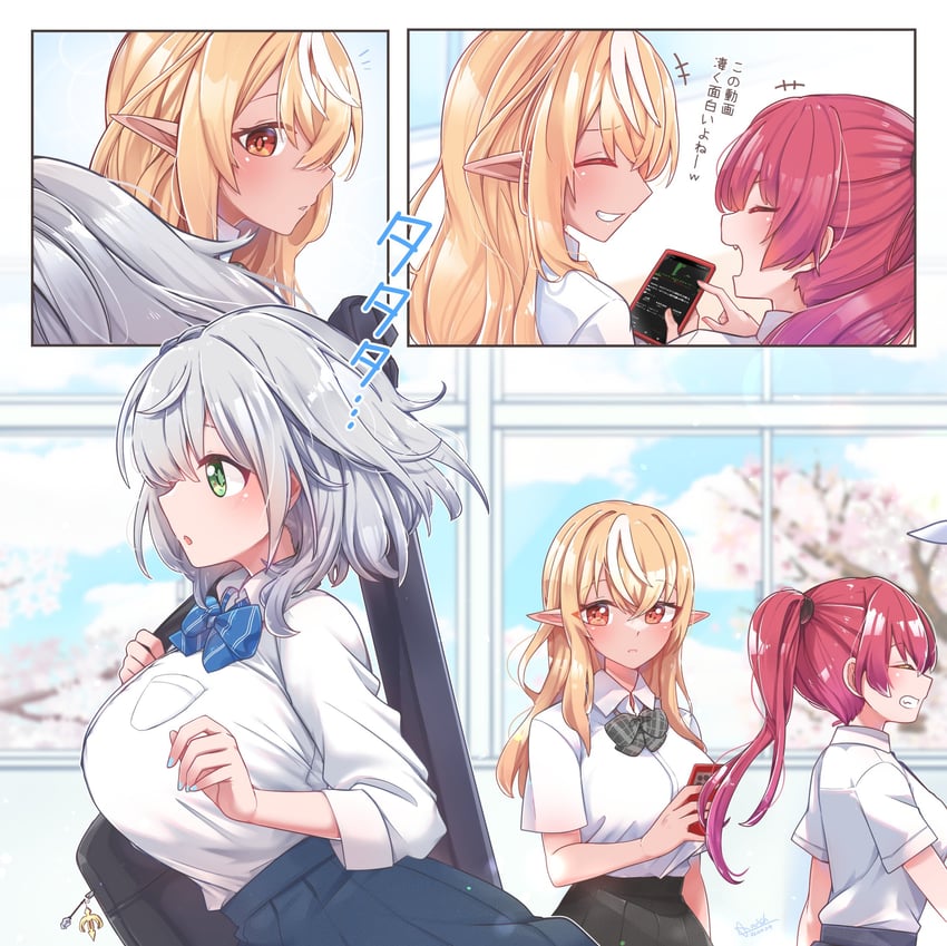 houshou marine, shirogane noel, and shiranui flare (hololive) drawn by starblame