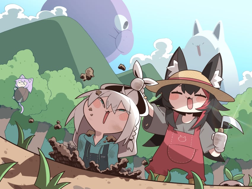 shirakami fubuki, nekomata okayu, ookami mio, fubuzilla, and okanyan (hololive) drawn by cocomayo29_(tomato)