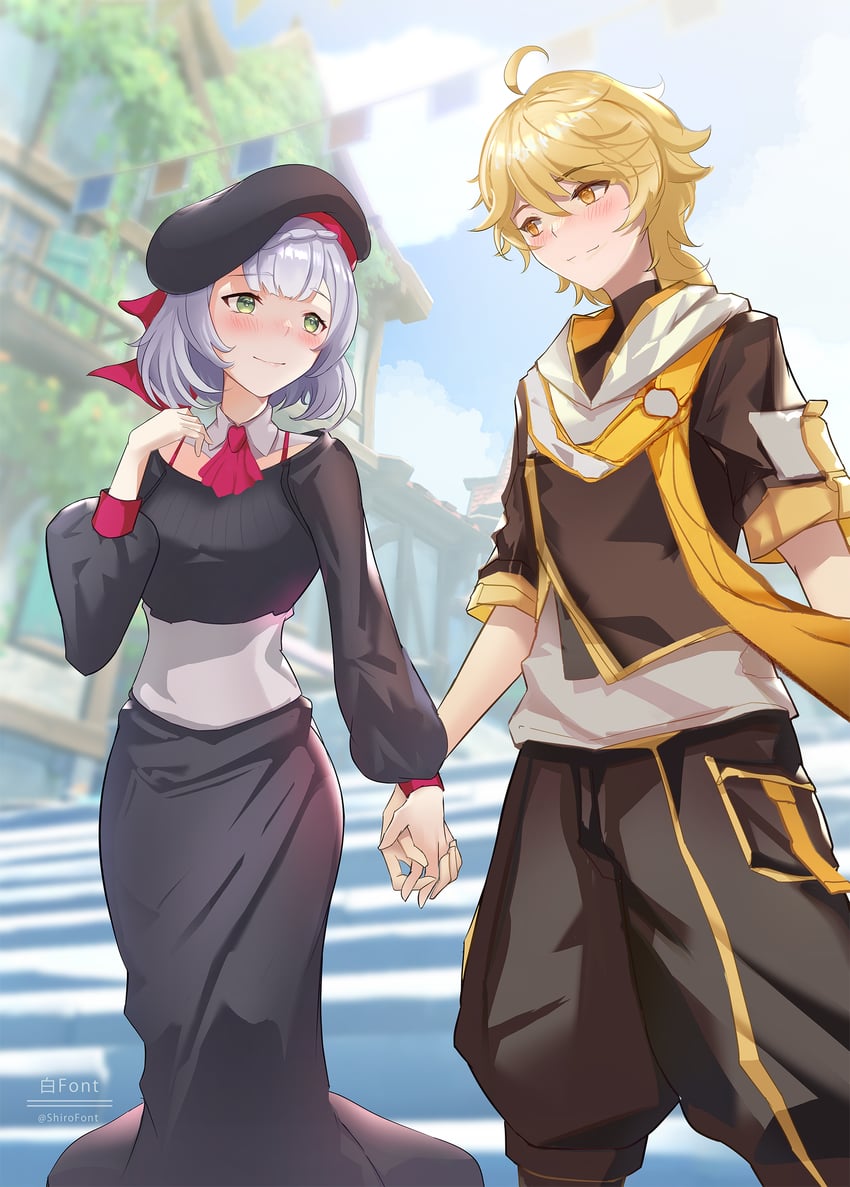 aether and noelle (genshin impact and 1 more) drawn by shiro_font