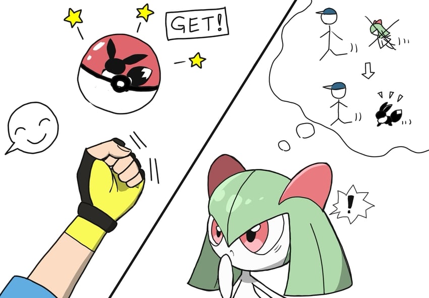 eevee, kirlia, and male protagonist (pokemon and 1 more) drawn by monya