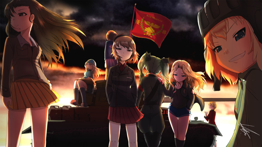 nishizumi miho, darjeeling, nishizumi maho, anchovy, kay, and 3 more (girls und panzer) drawn by preesoul