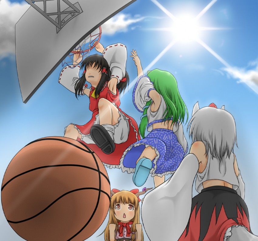 hakurei reimu, kochiya sanae, inubashiri momiji, and ibuki suika (touhou) drawn by haty