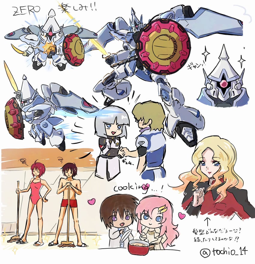lacus clyne, lunamaria hawke, kira yamato, shinn asuka, yzak joule, and 3 more (gundam and 2 more) drawn by tochio