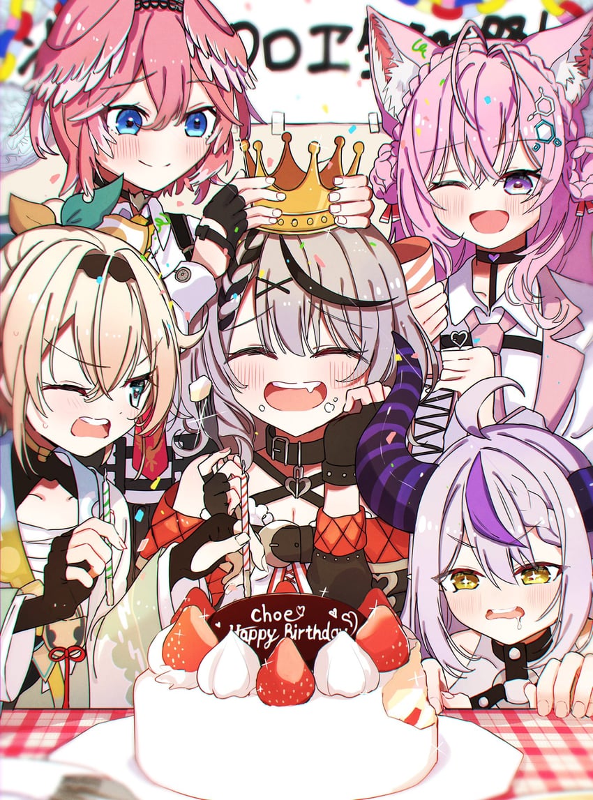 sakamata chloe, la+ darknesss, hakui koyori, kazama iroha, and takane lui (hololive) drawn by shirota_(takoyaki_110721)