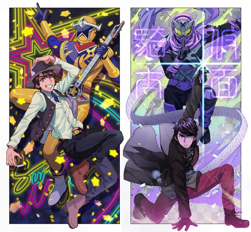 kamen rider shinobi, kinji takigawa, starninger, tadawa hideya, and kagura rentarou (kamen rider and 3 more) drawn by shinonoko_(tubamecider)