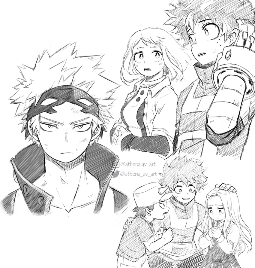 midoriya izuku, uraraka ochaco, bakugou katsuki, eri, and izumi kota (boku no hero academia) drawn by athena_av