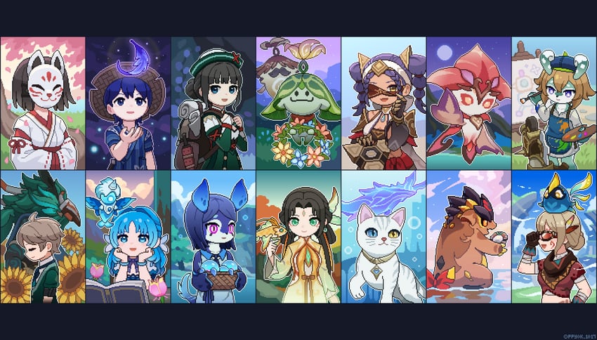 aranara, hilichurl, arama, tepetlisaurus, jeht, and 19 more (genshin impact) drawn by ppyok_1017