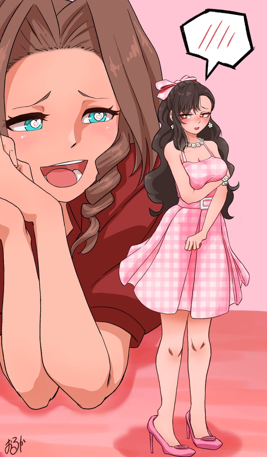 tifa lockhart, aerith gainsborough, barbie, and stereotypical barbie (final fantasy and 2 more) drawn by wolkat