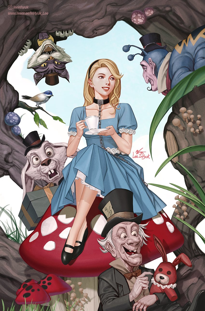 alice, white rabbit, cheshire cat, mad hatter, and caterpillar (alice's adventures in wonderland) drawn by in-hyuk_lee