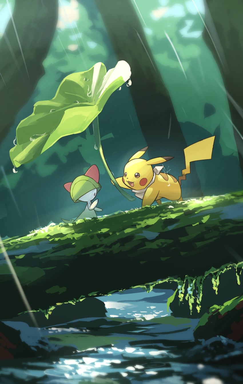 pikachu and ralts (pokemon) drawn by yamaori_(hakkentai_pokedan)