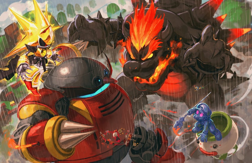 bowser, dr. eggman, metal sonic, sage, kamek, and 9 more (mario and 8 more) drawn by kornart