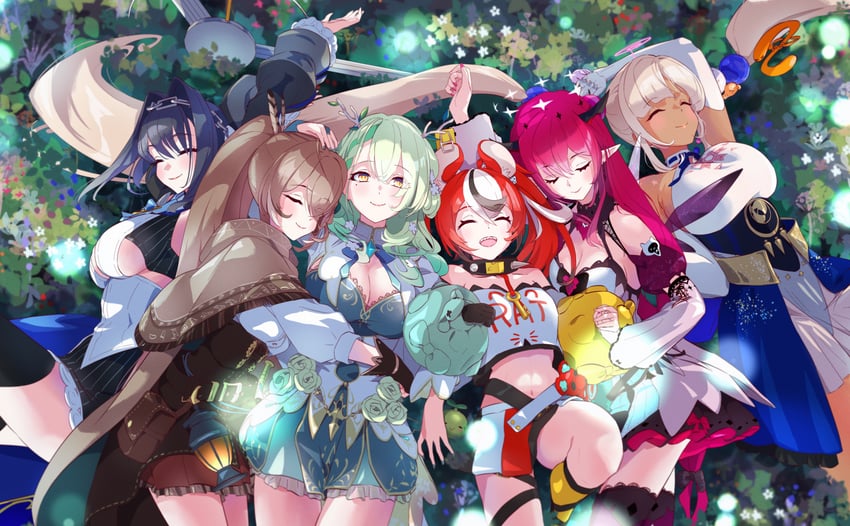 ouro kronii, nanashi mumei, hakos baelz, ceres fauna, irys, and 3 more (hololive and 1 more) drawn by fueppu
