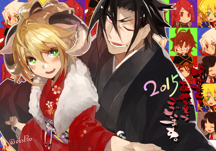 makoto nanaya, noel vermillion, ragna the bloodedge, jin kisaragi, tsubaki yayoi, and 3 more (blazblue) drawn by hyakuhachi_(over3)