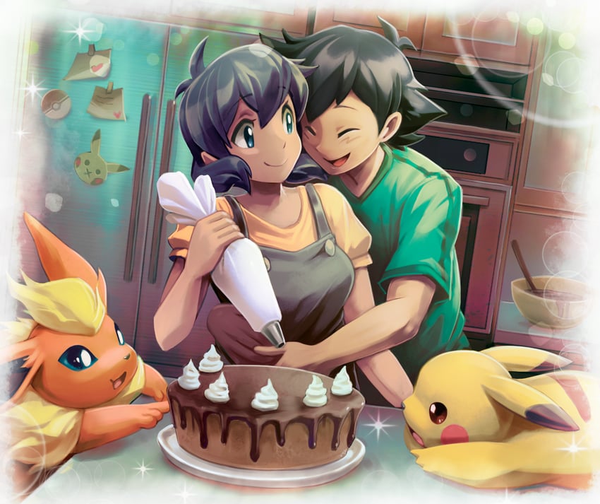 pikachu, ash ketchum, and flareon (original and 1 more) drawn by koriarredondo
