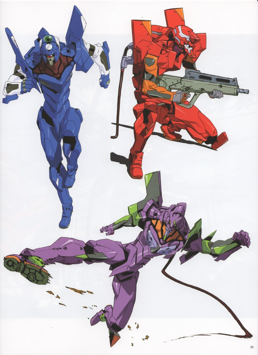 eva 02, eva 01, and eva 00 (neon genesis evangelion) drawn by yoshinari_you