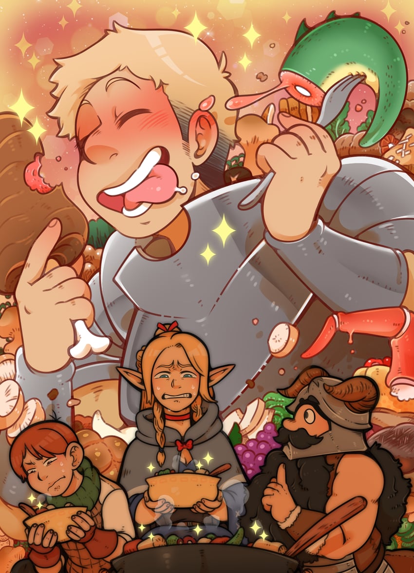 marcille donato, laios touden, senshi, and chilchuck tims (dungeon meshi) drawn by darkchibishadow