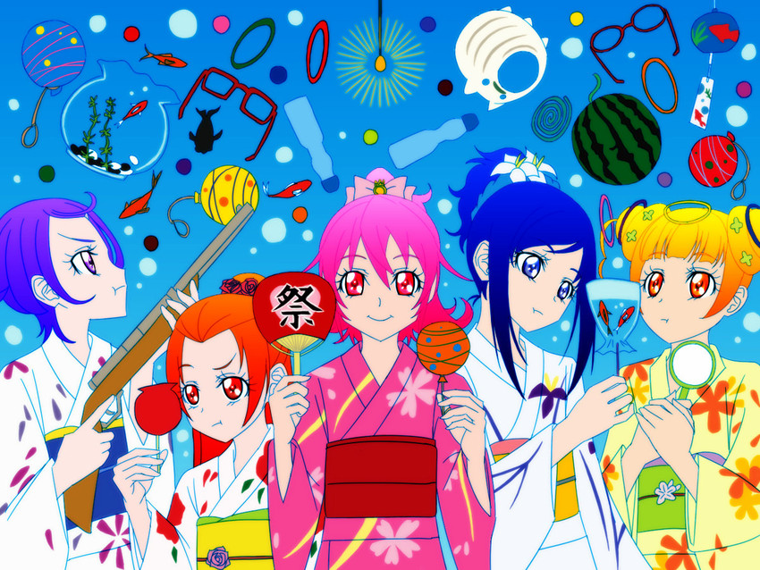 hishikawa rikka, aida mana, kenzaki makoto, yotsuba alice, and madoka aguri (precure and 1 more) drawn by agetake