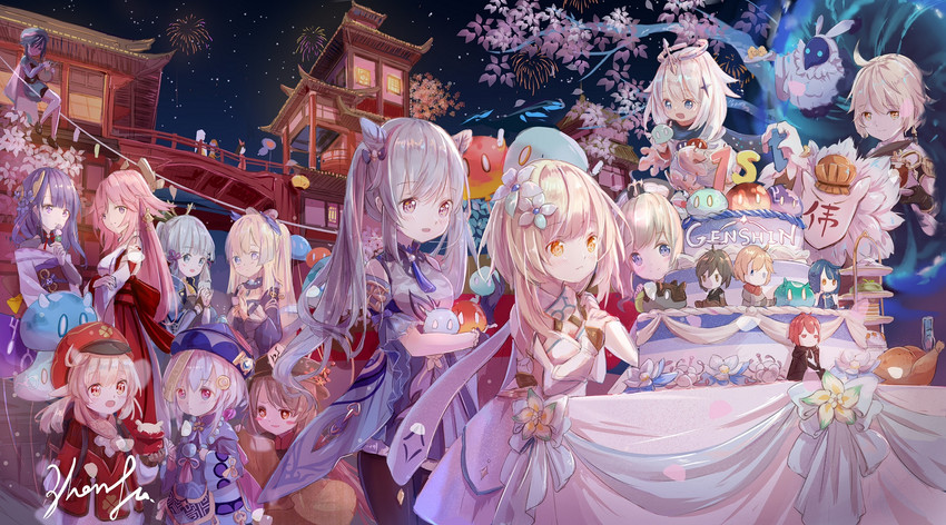 lumine, raiden shogun, hu tao, aether, yae miko, and 18 more (genshin impact) drawn by peas_(peas0125)