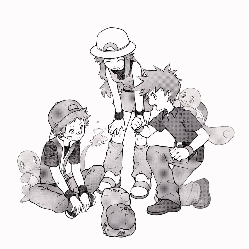 red, blue oak, leaf, bulbasaur, squirtle, and 1 more (pokemon and 1 more) drawn by tan_carbonnn