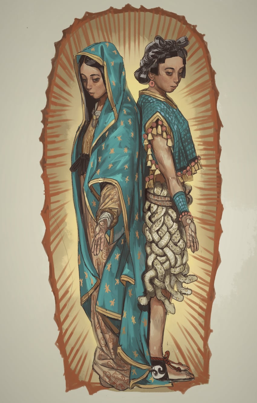 virgin mary and coatlicue (the bible and 2 more) drawn by mossacannibalis