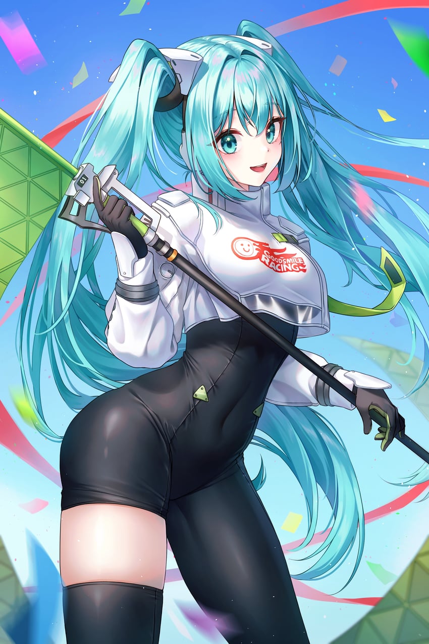 hatsune miku and racing miku (vocaloid and 1 more) drawn by soo_ou