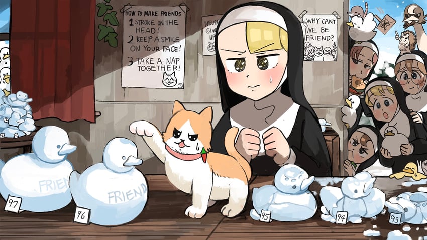 clumsy nun, froggy nun, spicy nun, glasses nun, and hungry nun (little nuns) drawn by diva_(hyxpk)