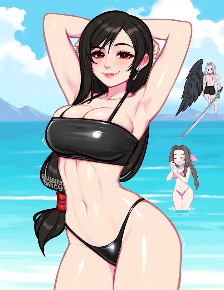 tifa lockhart, aerith gainsborough, and sephiroth (final fantasy and 1 more) drawn by blushyspicy