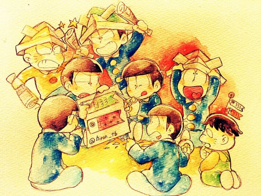 matsuno osomatsu, matsuno karamatsu, matsuno ichimatsu, matsuno jyushimatsu, matsuno choromatsu, and 3 more (osomatsu and 1 more) drawn by tsubuta_hiro