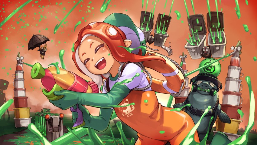 octoling player character, octoling girl, stinger, steelhead, flyfish, and 2 more (splatoon and 1 more) drawn by benimura_karu