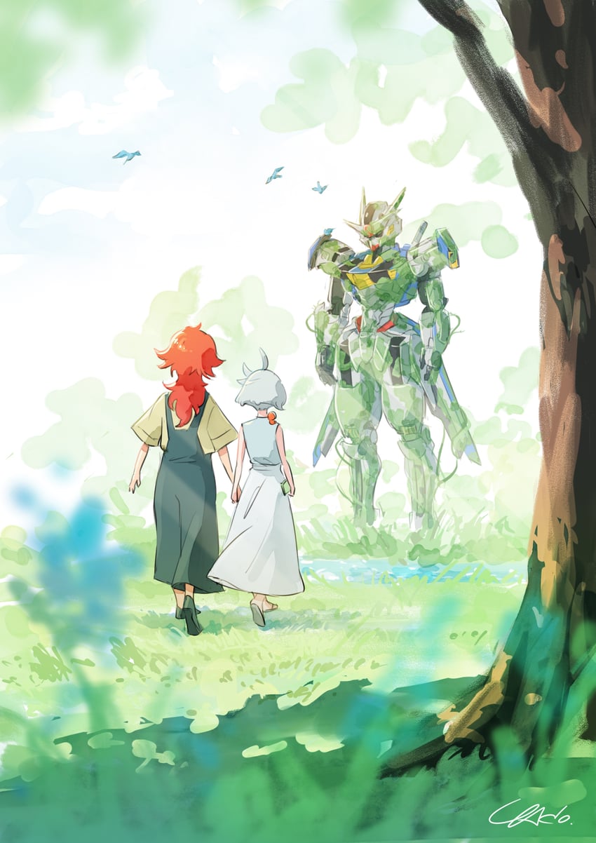 suletta mercury, miorine rembran, and gundam aerial (gundam and 1 more) drawn by yaco_(085)