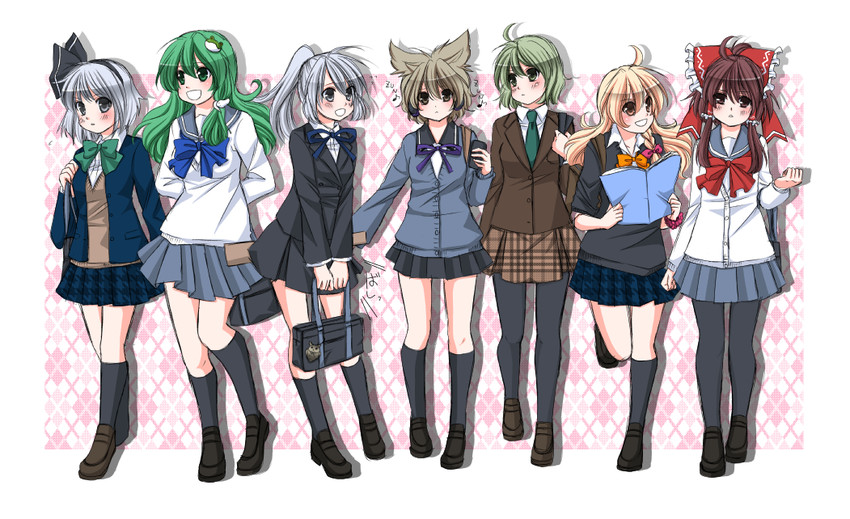 hakurei reimu, kirisame marisa, kochiya sanae, konpaku youmu, toyosatomimi no miko, and 2 more (touhou and 1 more) drawn by hinaco