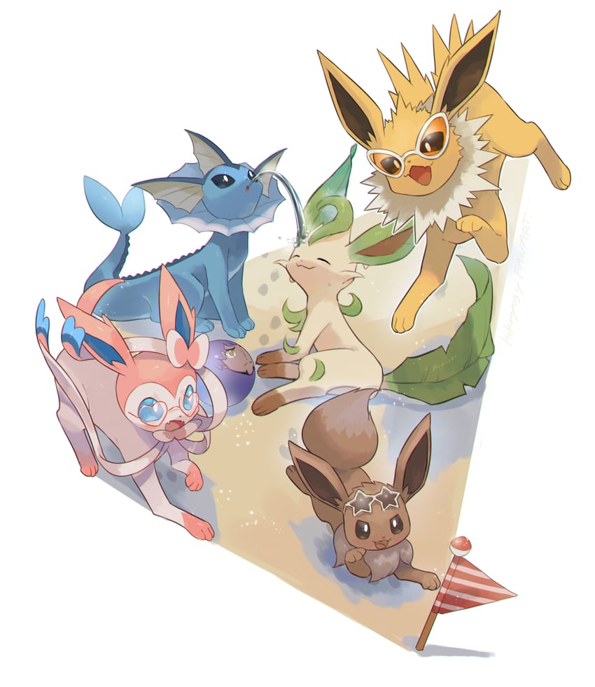 eevee, sylveon, vaporeon, leafeon, and jolteon (pokemon) drawn by kikuyoshi_(tracco)