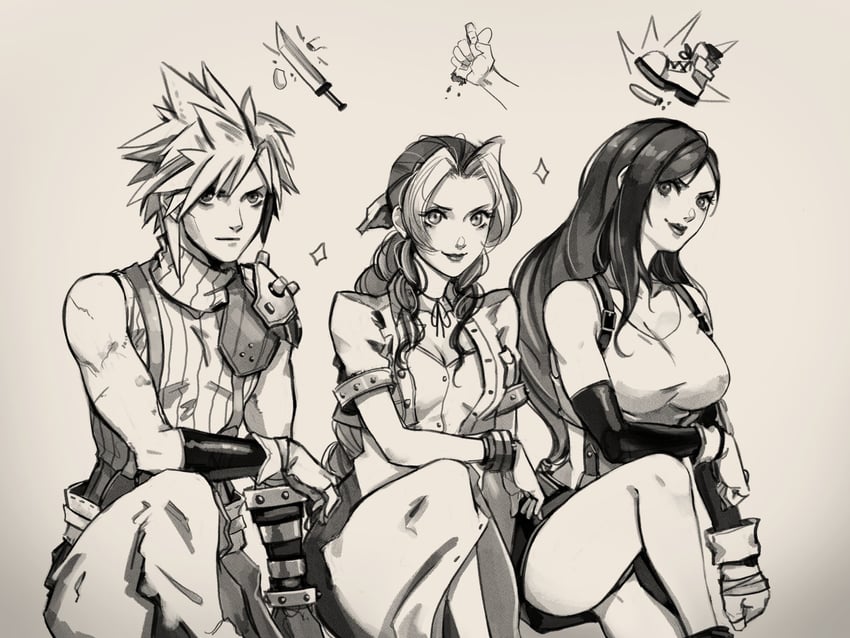 tifa lockhart, cloud strife, and aerith gainsborough (final fantasy and 1 more) drawn by eightyfourart