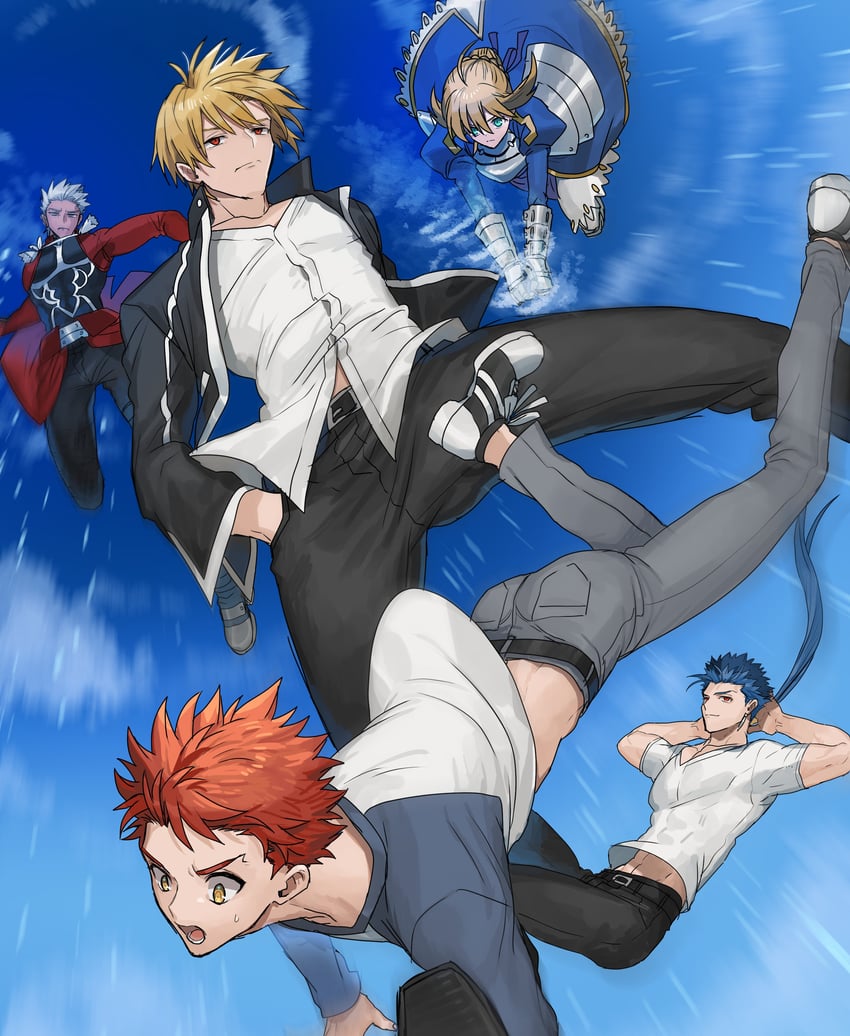 artoria pendragon, saber, gilgamesh, emiya shirou, archer, and 1 more (fate and 1 more) drawn by none_(kameko227)