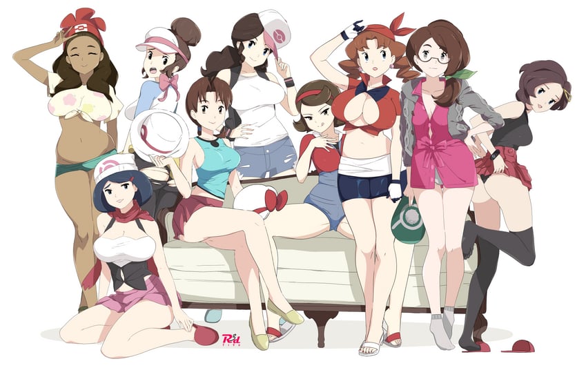 dawn, may, rosa, hilda, gloria, and 12 more (pokemon and 9 more) drawn by agedo and r3dfive