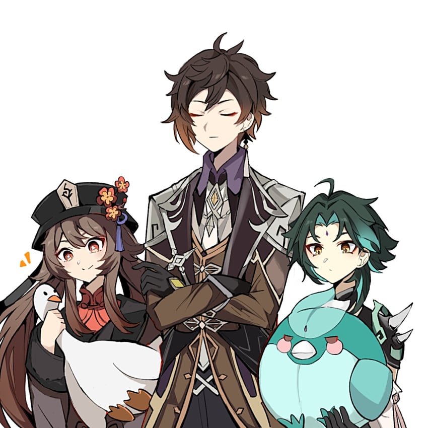 hu tao, zhongli, and xiao (genshin impact) drawn by long_wind